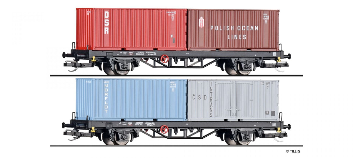 Tillig 01090, 2er Set Containertragwagen Lgkks 4444 mit 20‘ Containern, DR, Ep.IV / TT