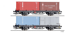 Tillig 01090, 2er Set Containertragwagen Lgkks 4444 mit 20‘ Containern, DR, Ep.IV / TT