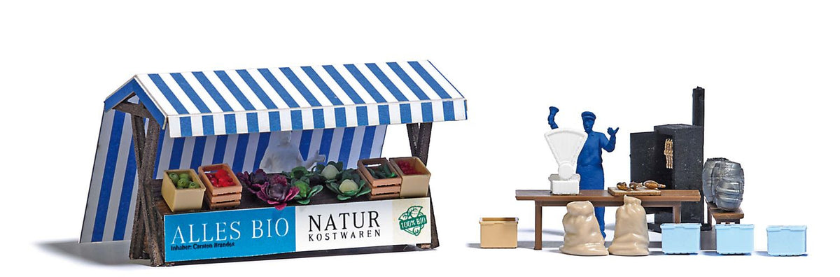 Busch 1823, Marktstände Gemüse und Fisch, Bausatz / H0