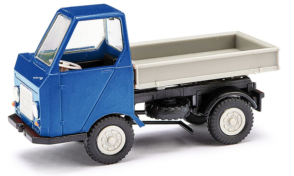 Busch 210 003601, Multicar M22 Dreiseitenkipper, blau-grau / H0