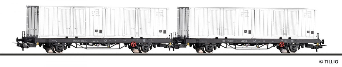 Tillig 70056, 2er Set Containertragwagen Post aa-t/12,8, DR, Ep.IV / H0