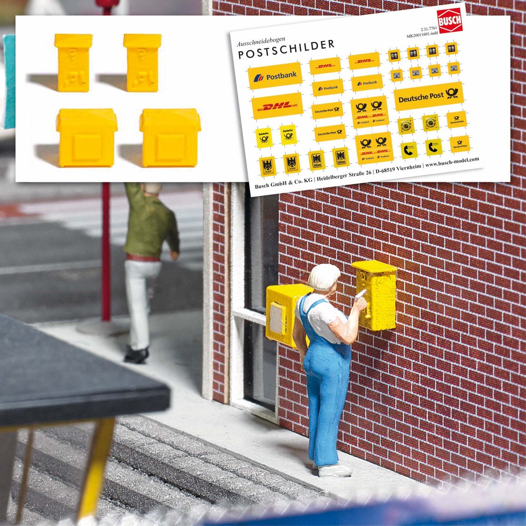 Busch 7761, Mini Ausgestaltungs-Set Briefkasten und Briefmarke / H0