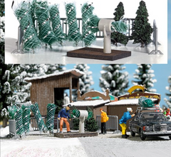 BUSCH 1182 Weihnachtsbaumverkauf – Weihnachtsbäume, Absperrung und Verpackungstrichter, Spur H0