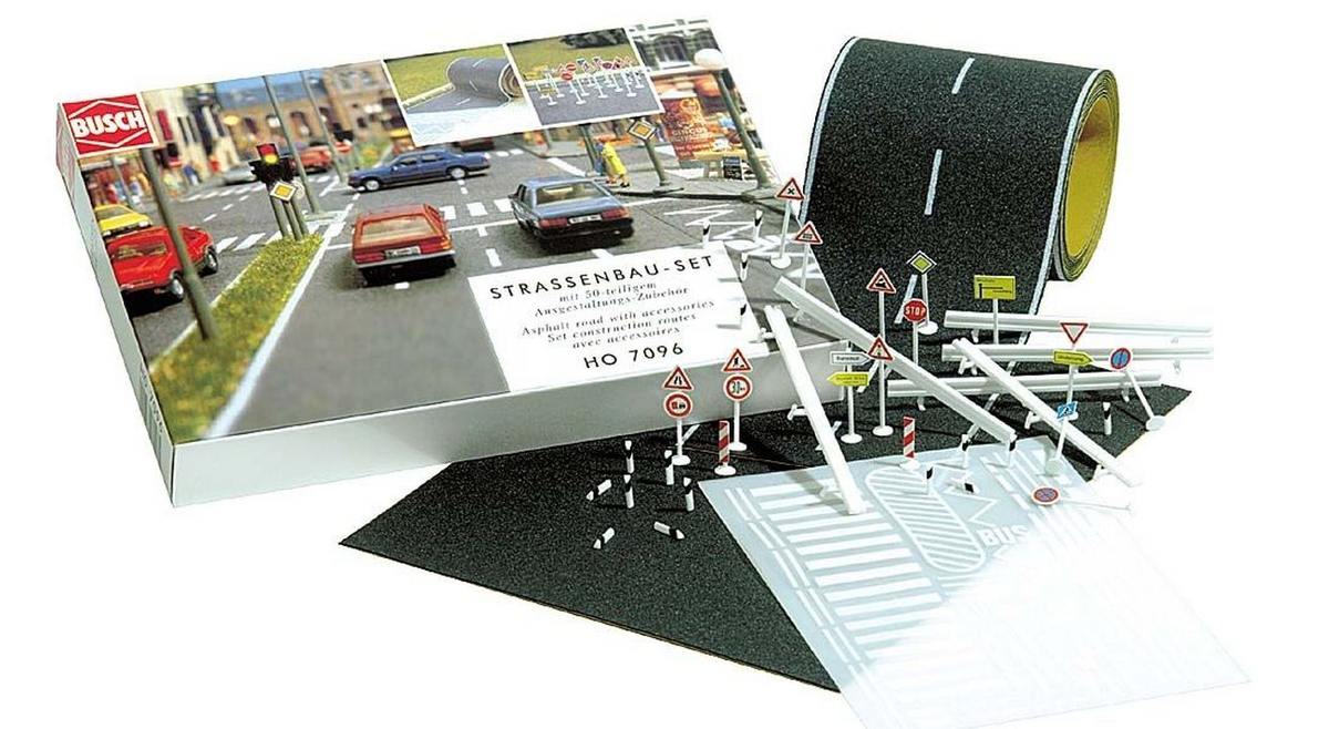 BUSCH 7096 Straßenbau-Set – 2 m Straßenband mit Zubehör, Spur H0, 1:87